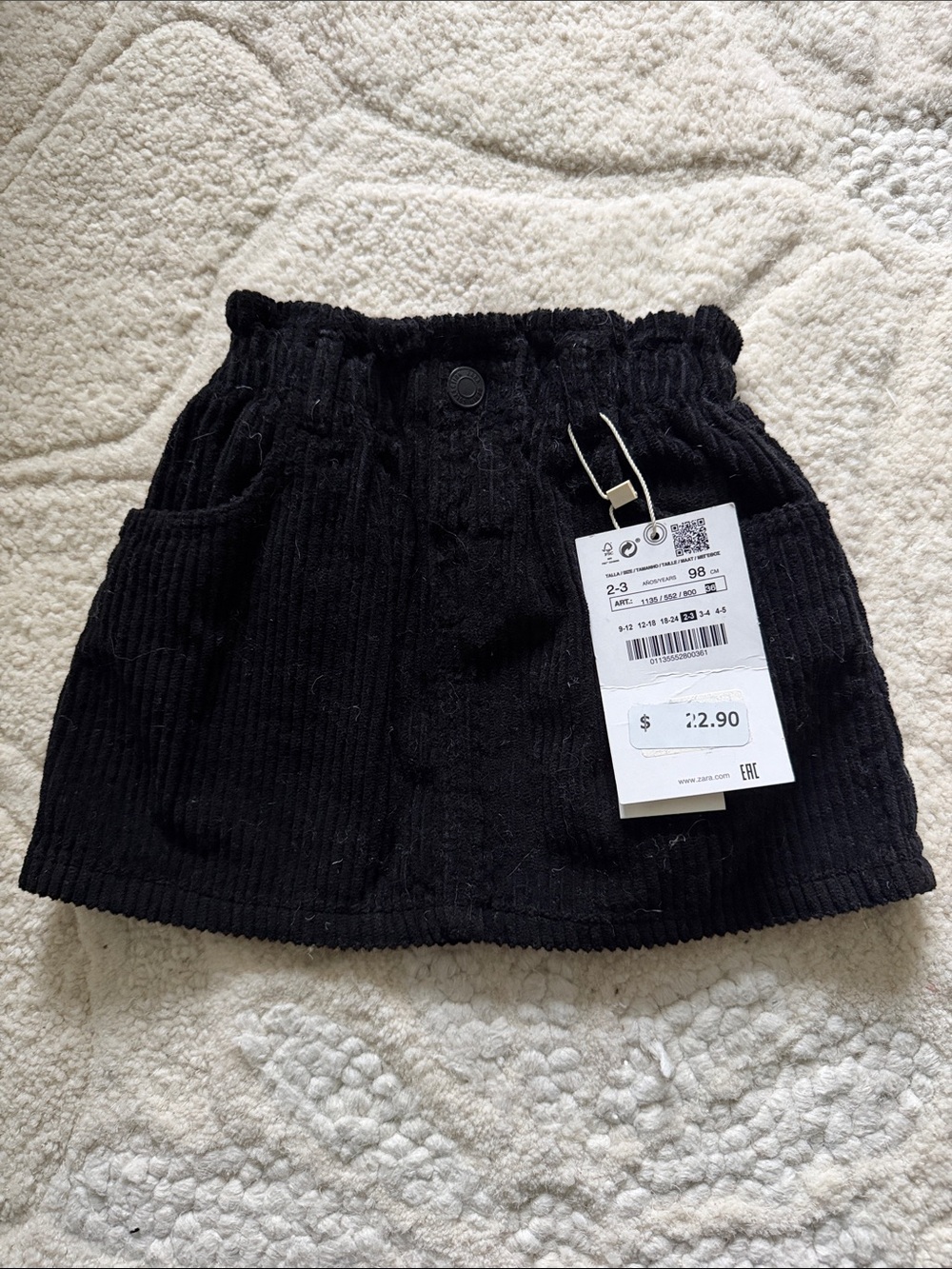 Zara Kids Black Corduroy Skirt with Elastic Waist 2-3 with Tags